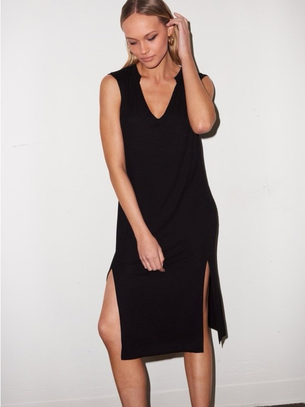 LNA Easy Rib Tank Midi Dress in Black Sleeveless Side Slits